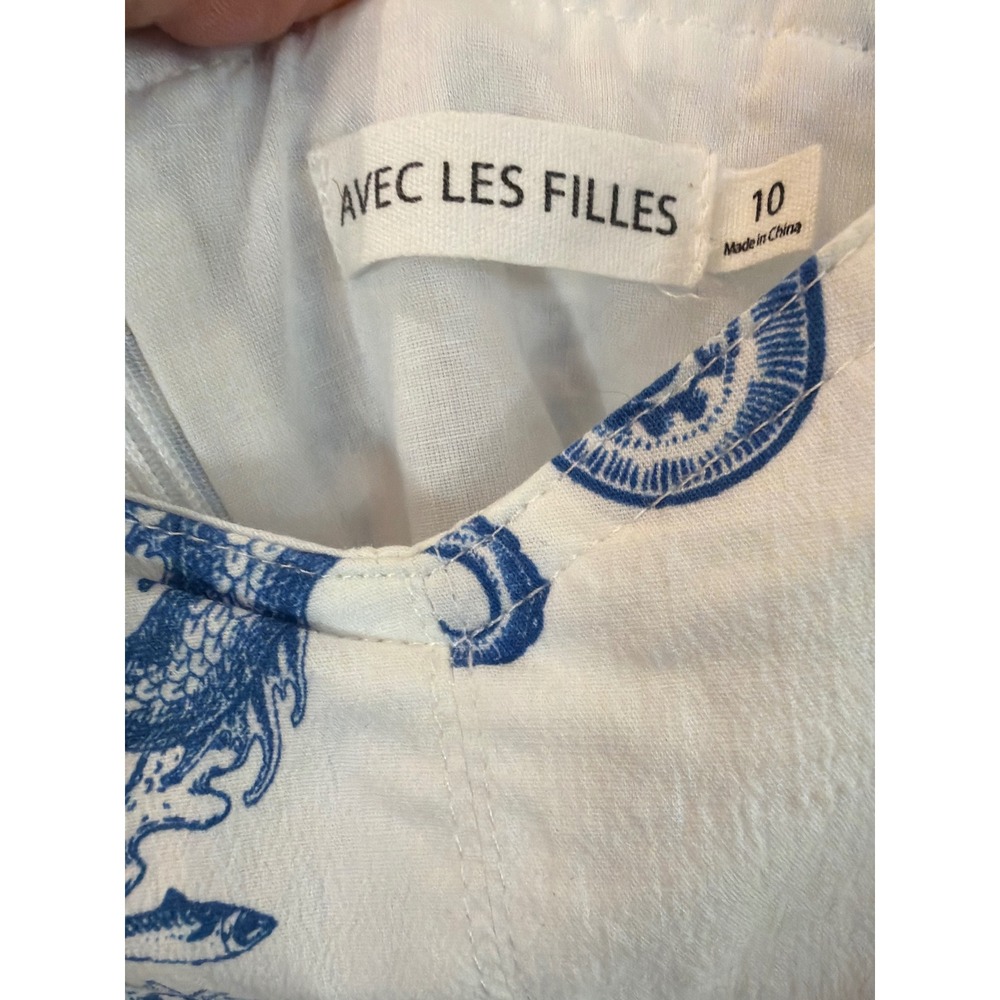 Avec Les Filles Blue White Coastal Toile Midi Dress Nautical Octopus Ship Sz 10 - Picture 2 of 6